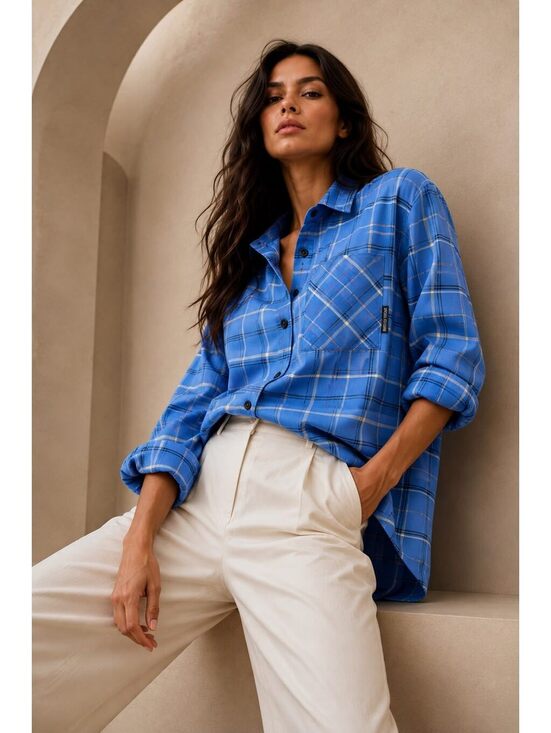 Tops - Dress by Stesha Moscow Designer Blue Plaid Oversized Button Down Shirt Size S-M